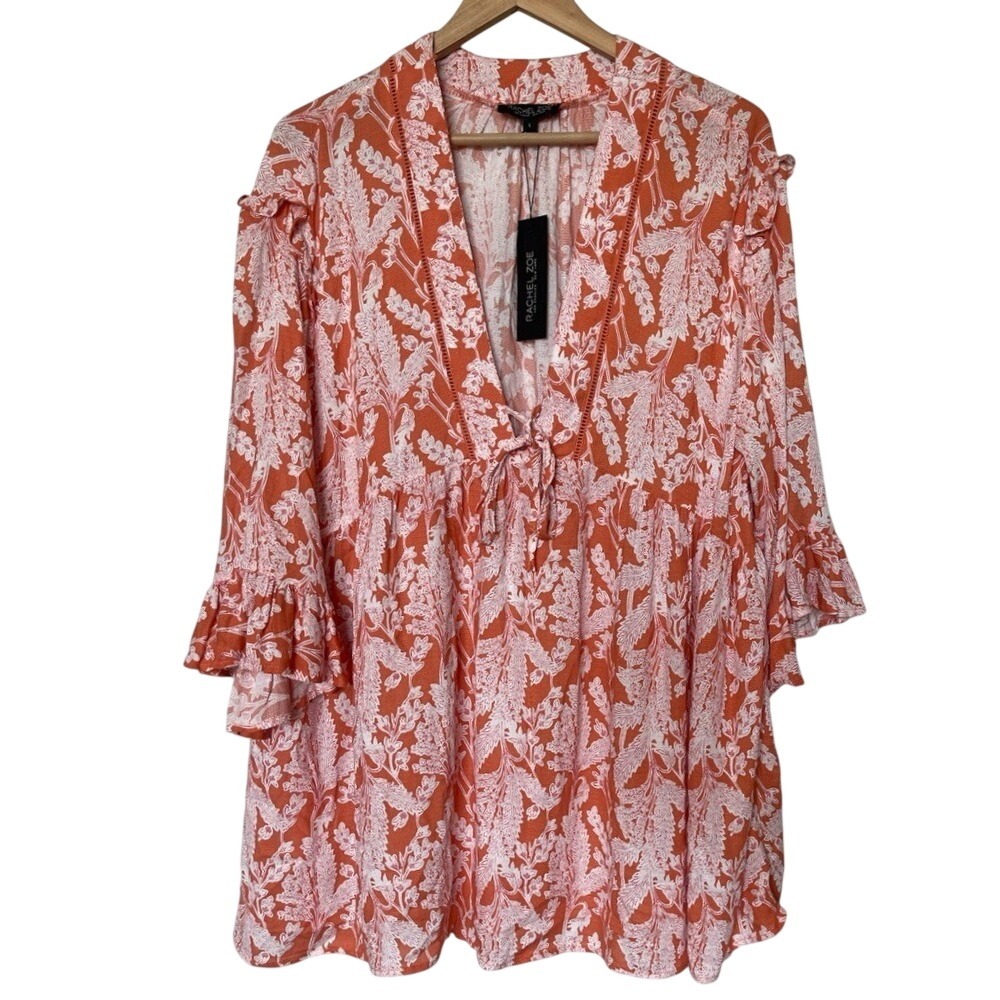 Rachel Zoe Top Womens L Babydoll Orange Floral Ruffle Tiered V-Neck NEW
